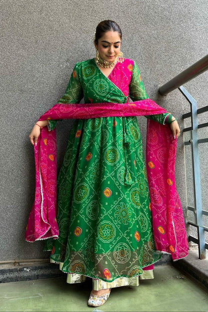 Green Angrakha Pattern High Slit Anarkali Dress with Skirt
