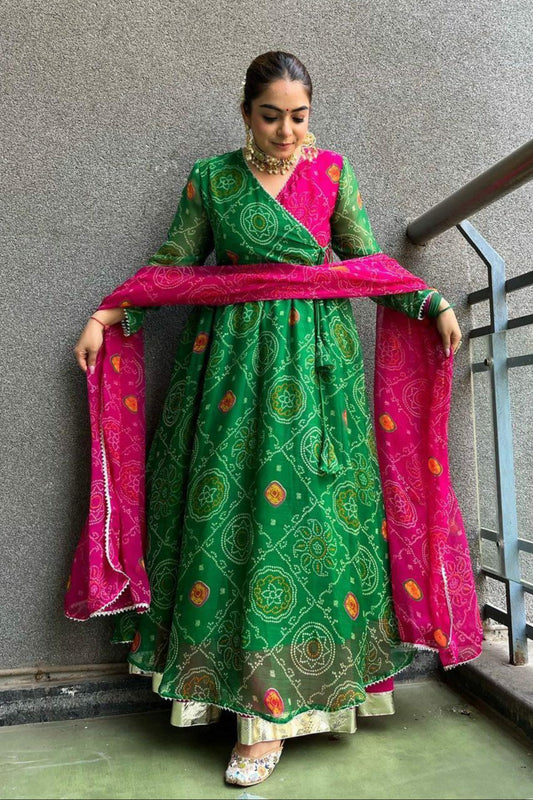 Green Angrakha Pattern High Slit Anarkali Dress with Skirt