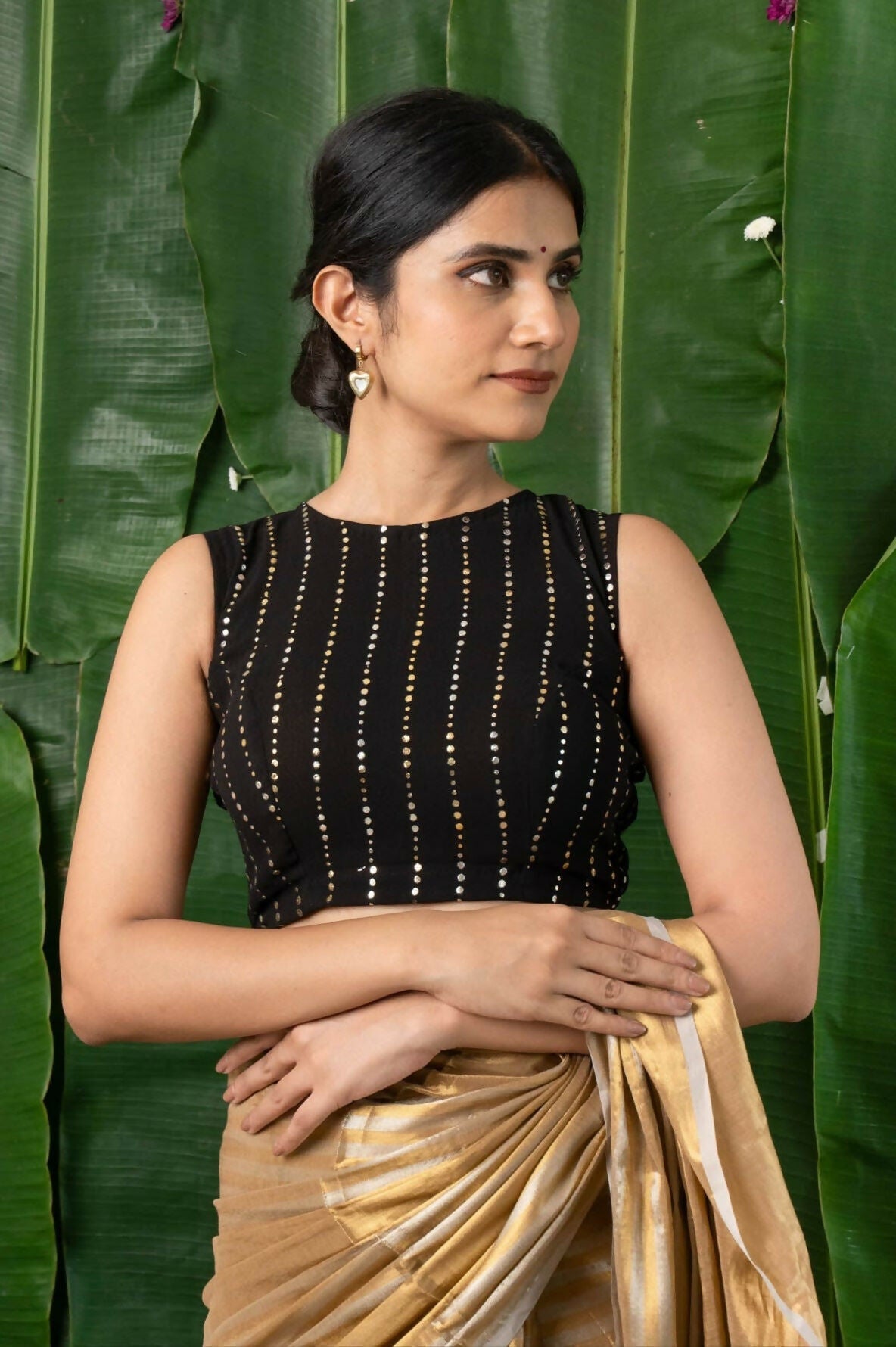 Raina Black Georgette Sequins Sleeveless Back Open Blouse