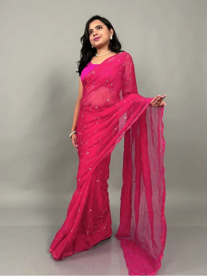 Banno Tera Swagger -Jaal Embroidery Pre-Pleated Shimmer Chiffon Saree