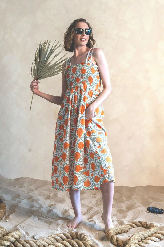 Orange Green Smocking Dress