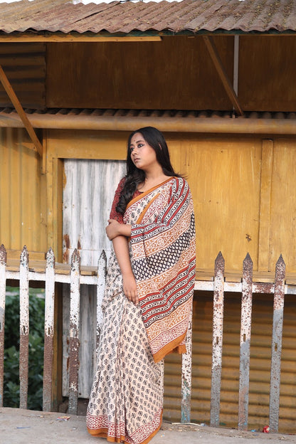 Beige Bagru Handblocked Mulmul Cotton Saree