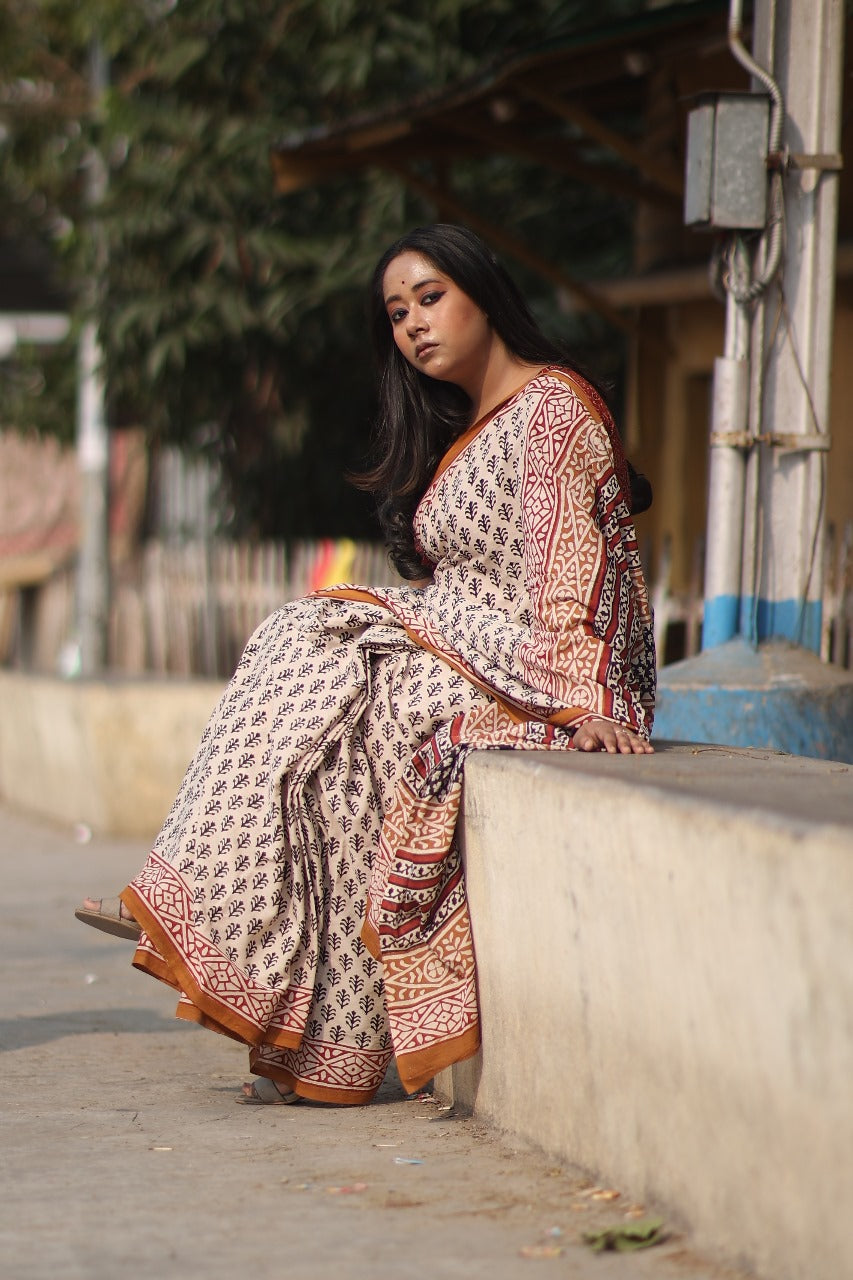 Beige Bagru Handblocked Mulmul Cotton Saree
