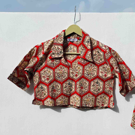 Red Traditional Collared Cotton Top