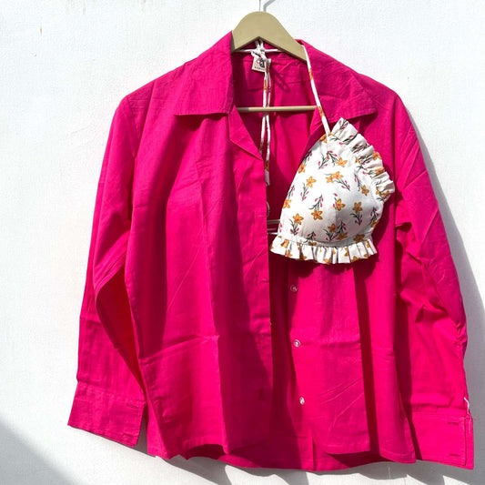 Pink Shirt with Yellow Butti Bralette Combo