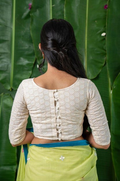 Amaira White Eyelet Cotton Schifli Blouse with Back Buttons