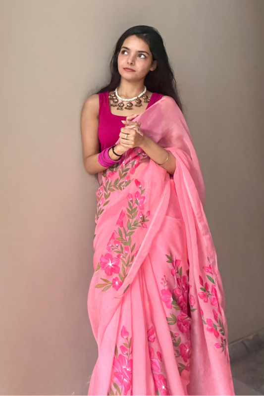 deep pink 'gulbaag' hand-painted saree (3)