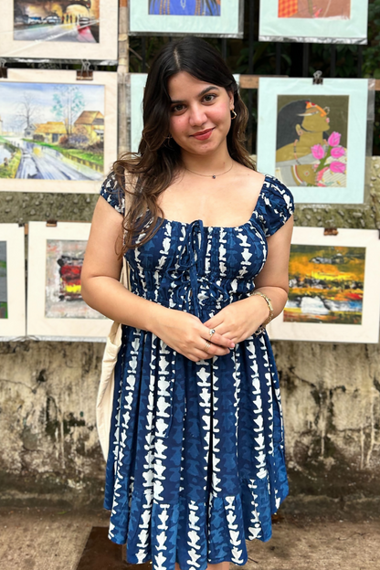 Moonchild Indigo Hand-Block Geometric Print Cotton Rayon Dress