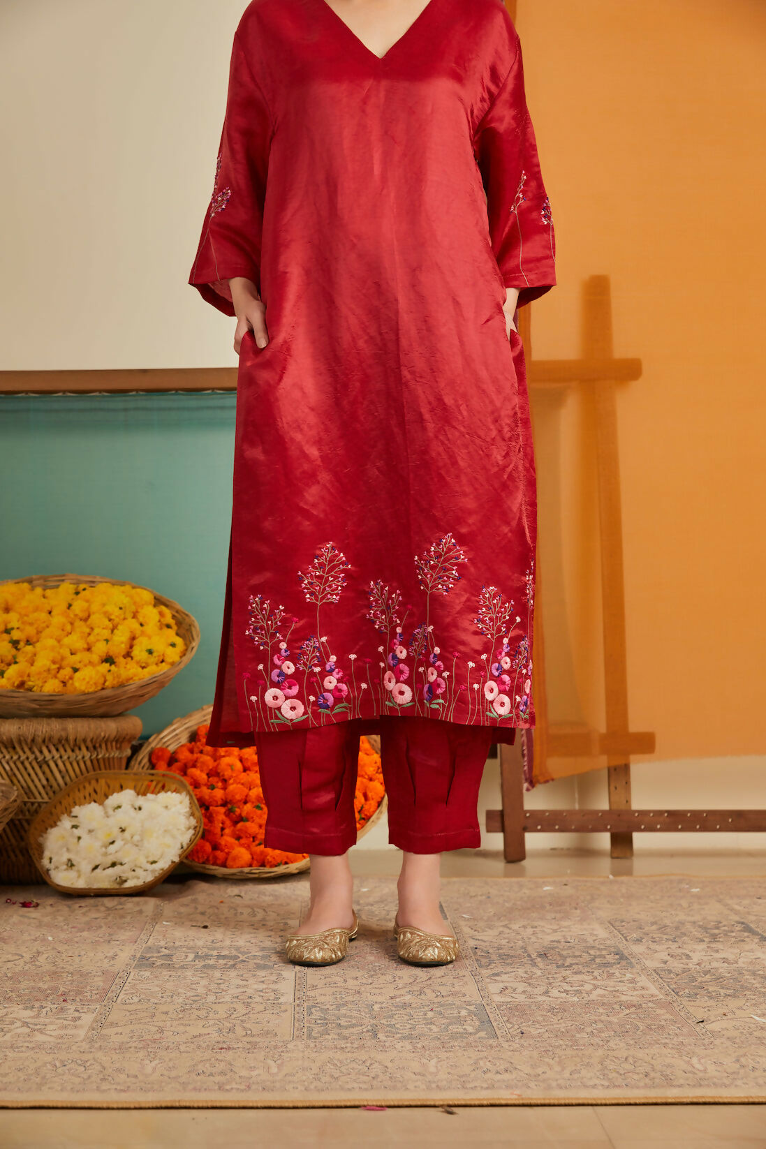 Rukhsaari Red Chanderi Kurta Set