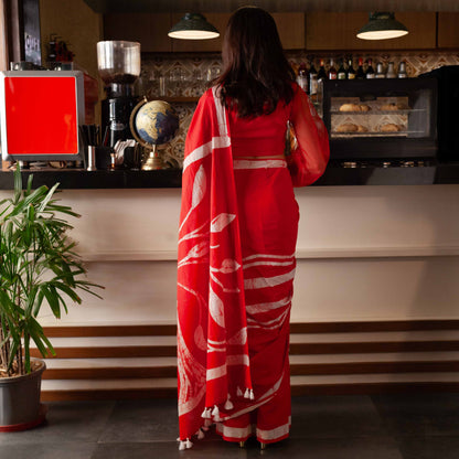 Mallika Hand Block Print Red Mul Mul Cotton Saree