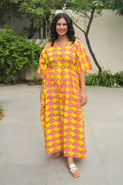 Seashells Hand Block Printed Cotton Kaftan