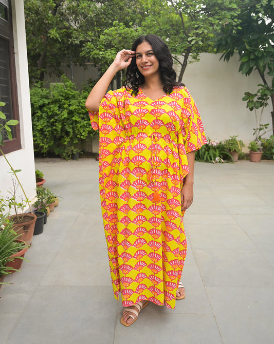 Seashells Hand Block Printed Cotton Kaftan
