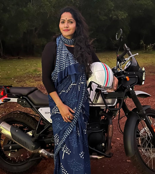Indigo Spells - Dabu Hand Block Print Mulmul Cotton Bagru Saree