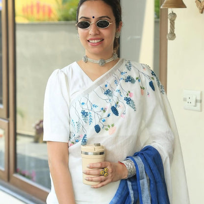Amber White & Blue Linen Saree