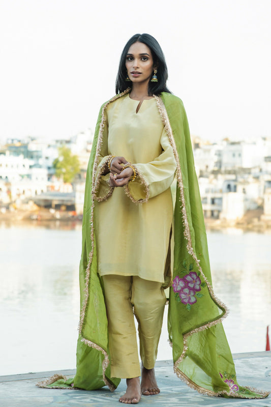 Kaira Tissue Gold & Olive Suit Set