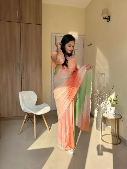 Rani Tri Color Chiffon Pre Pleated Saree
