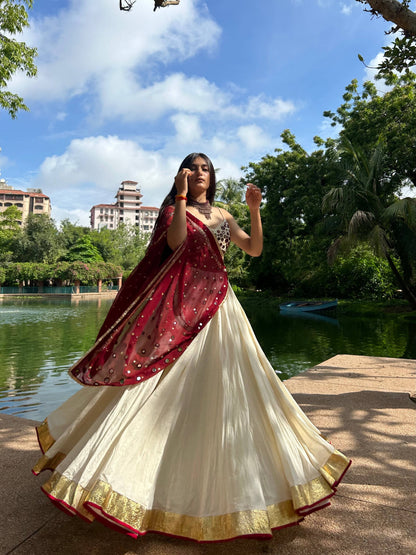 Maroon White Chiffon Cotton Mirror Work Lehenga