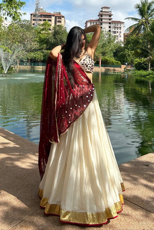 Maroon White Chiffon Cotton Mirror Work Lehenga