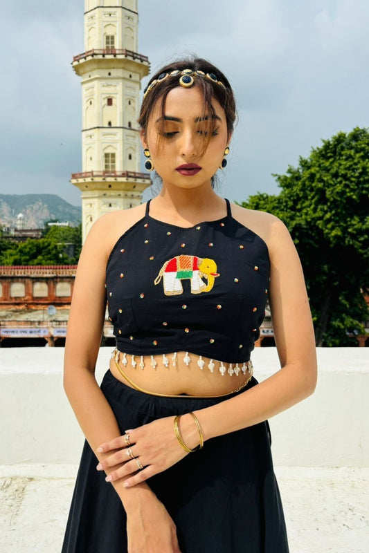 Black Elephant Handwork Criss Cross Top