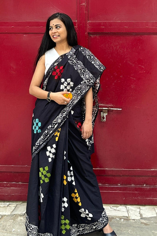 Be My Mystry Mulmul Cotton Block Printed Black Saree