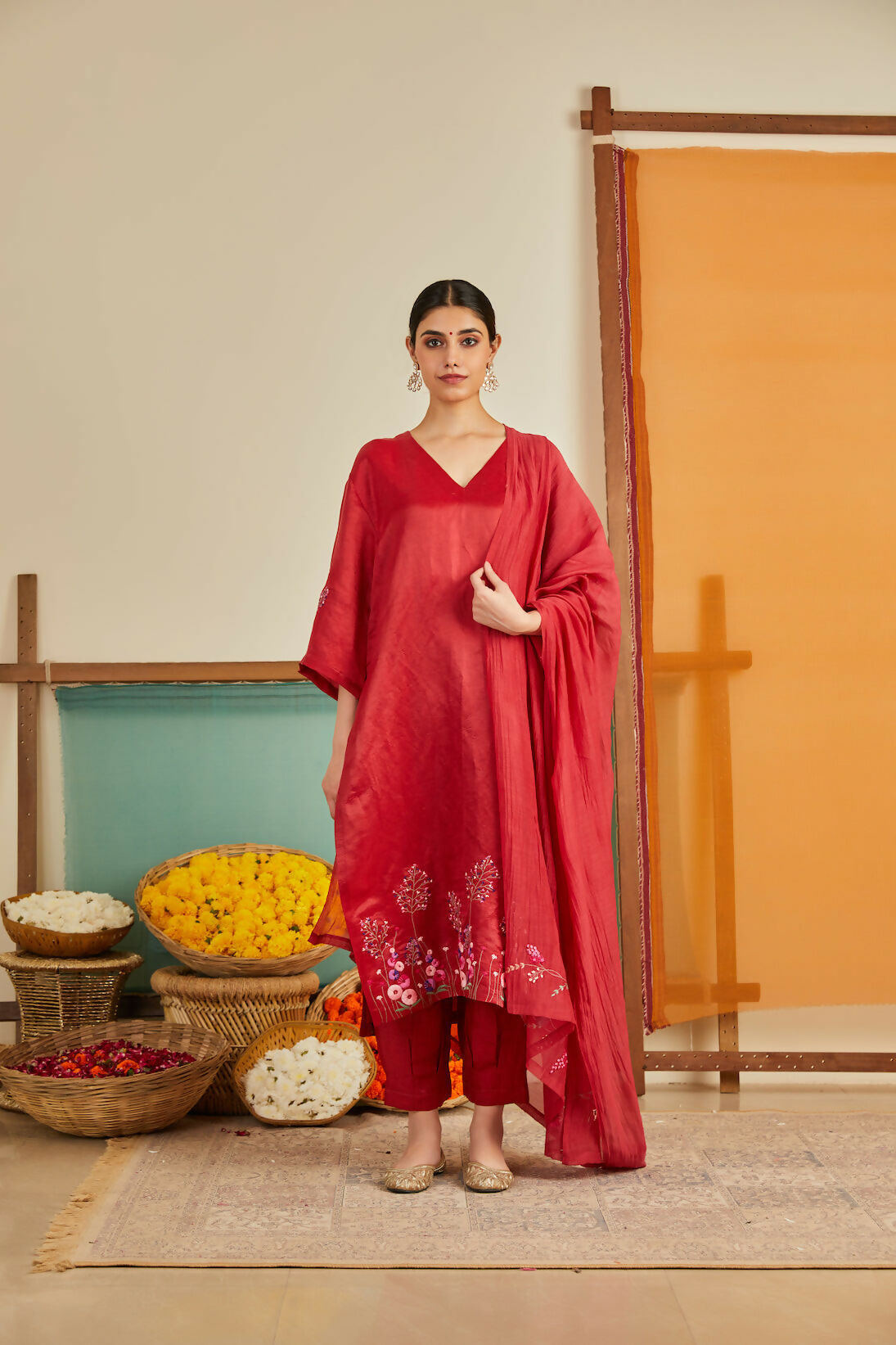 Rukhsaari Red Chanderi Kurta Set