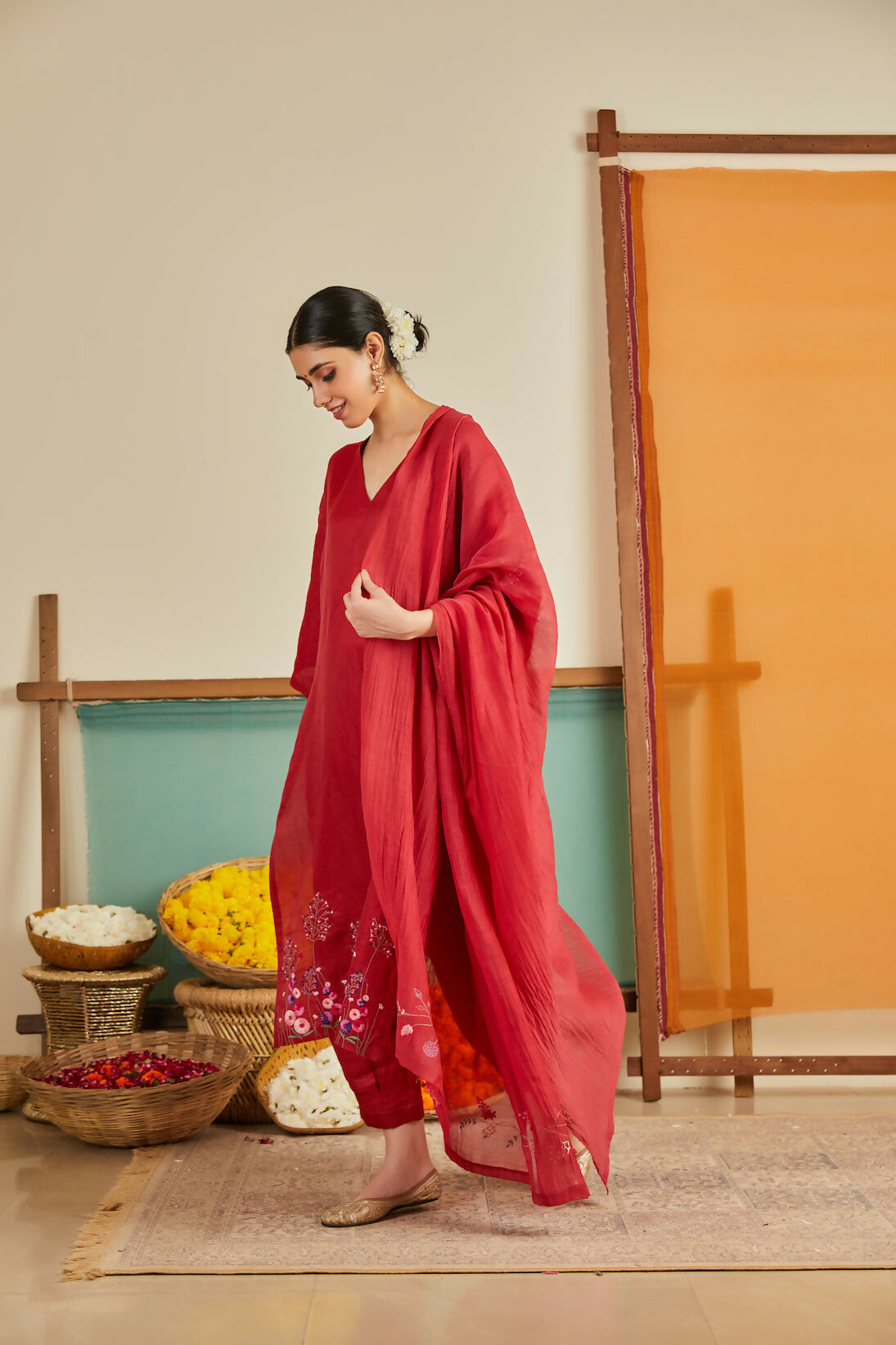 Rukhsaari Red Chanderi Kurta Set