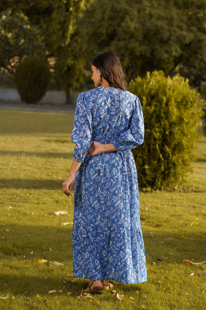 Gulbahar Blue Cotton Hand Block Print Maxi Dress