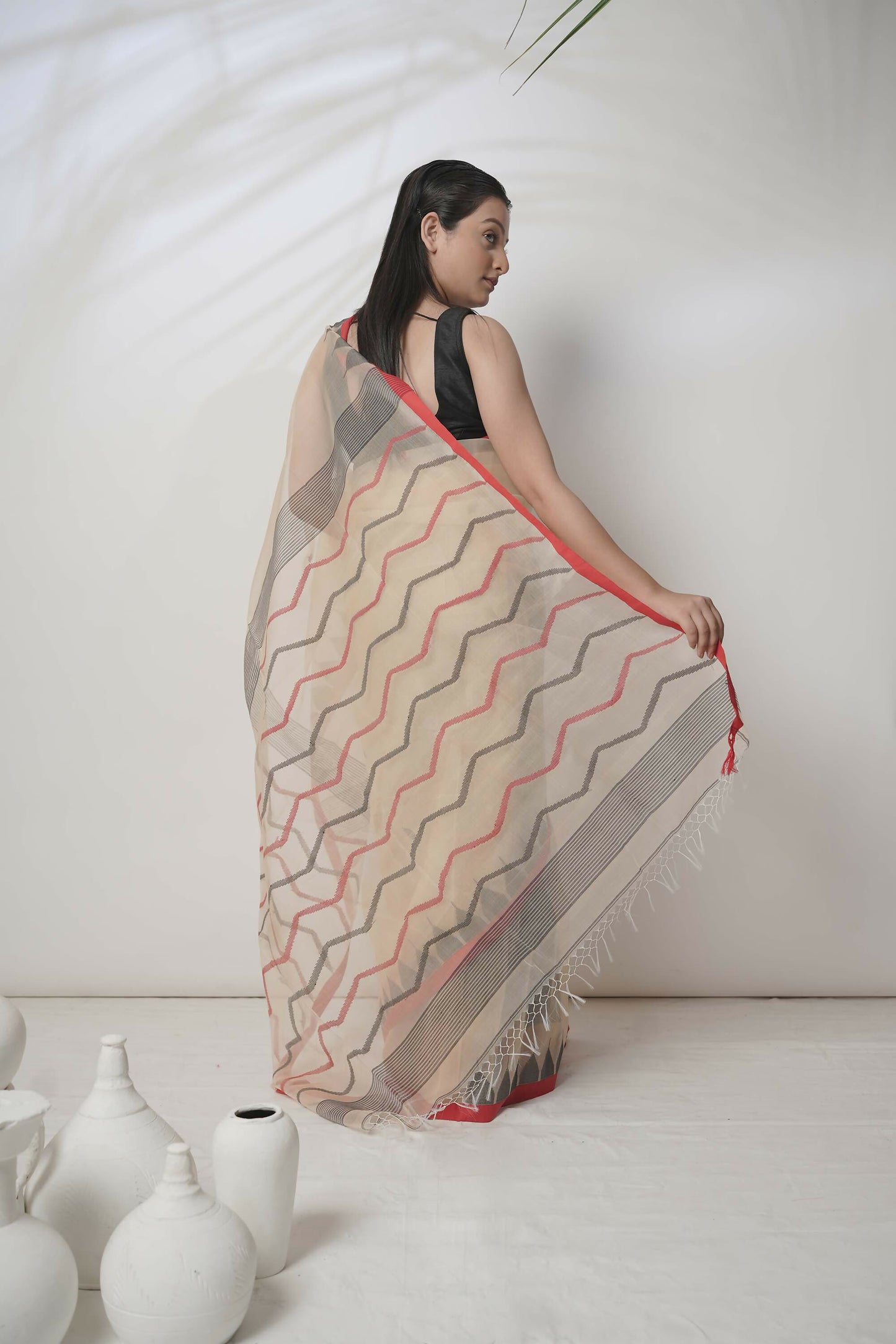 Rani Mahal I Beige Silk Handloom Saree With Red Border