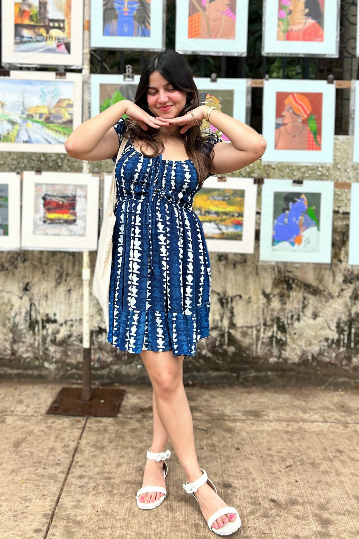 Moonchild Indigo Hand-Block Geometric Print Cotton Rayon Dress