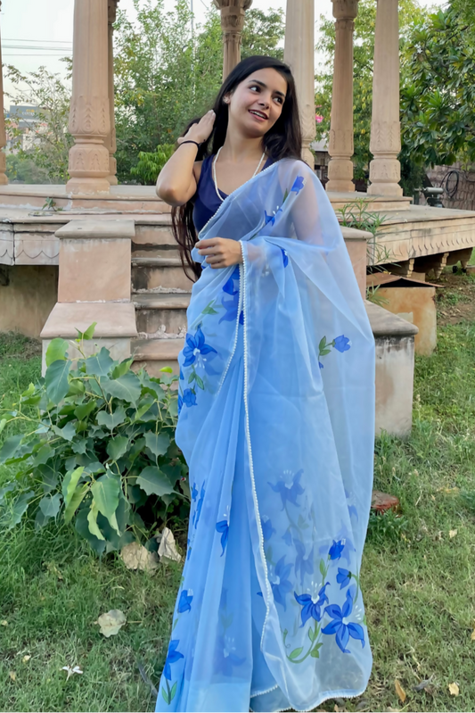 sky blue 'kashish' hand-painted saree (2)