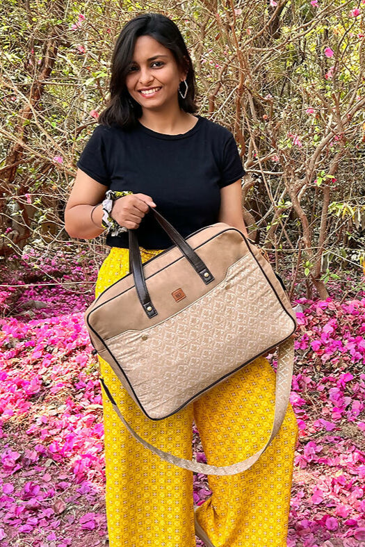 Beige Banarasi 14 Inches Laptop Bag