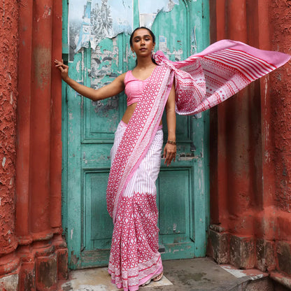 Evening Raga - Mul Cotton Hand Block Printed Ready to Wear Pocket Saree
