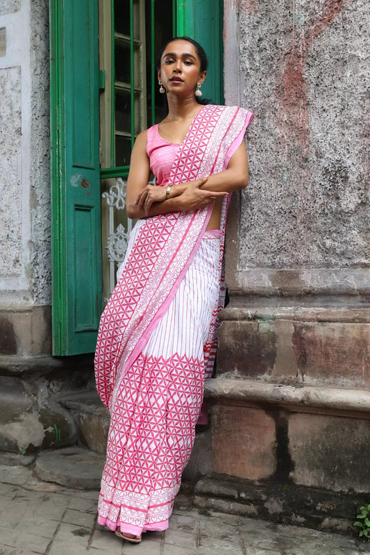 Evening Raga - Mul Cotton Hand Block Printed Ready to Wear Pocket Saree
