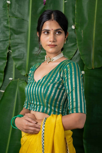 Ishya Green Chanderi Striped Elbow Sleeve Blouse with V neck