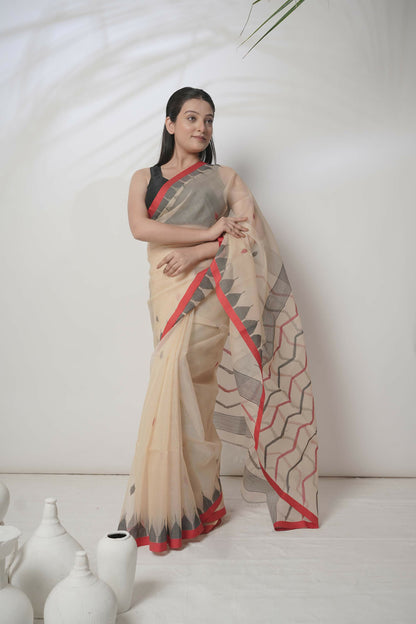Rani Mahal I Beige Silk Handloom Saree With Red Border