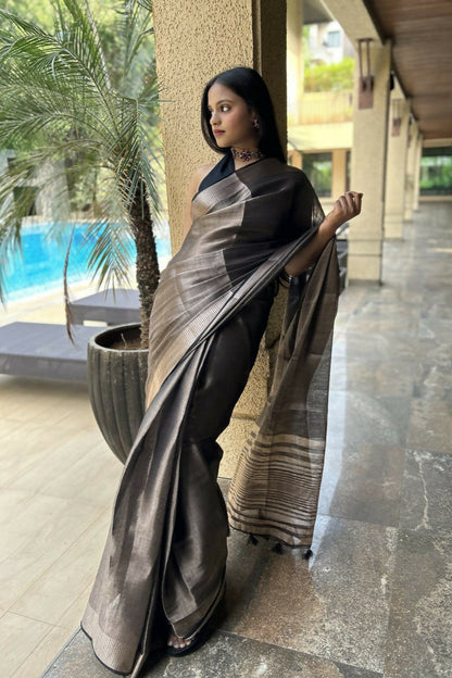 Cosmic Coal Linen Tissue Ready To Wear Pocket Saree