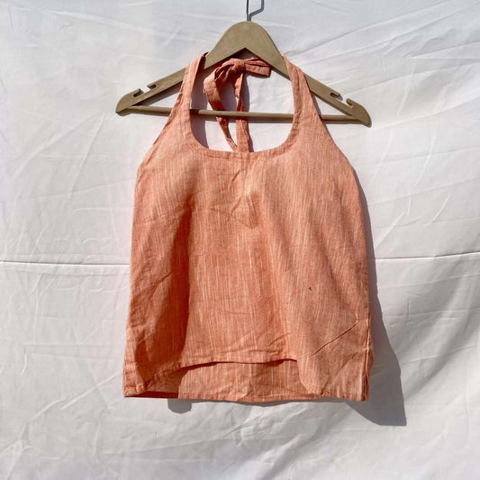 Peach Round Halter Neck Khadi Cotton Top