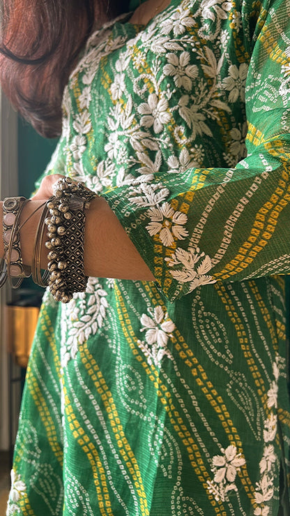 Ulfat Panna Green Bandhej-Chikan Kurta