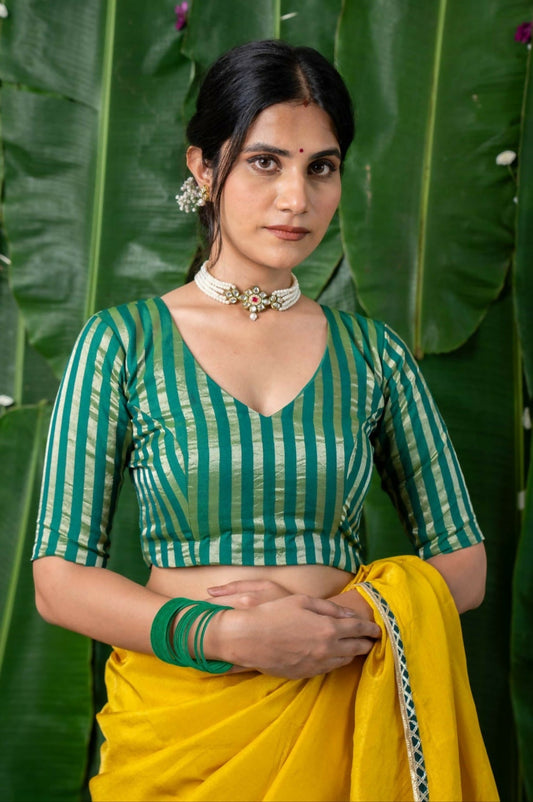 Ishya Green Chanderi Striped Elbow Sleeve Blouse with V neck