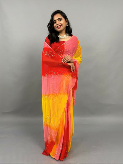 Rani Tri Color Chiffon Pre Pleated Saree