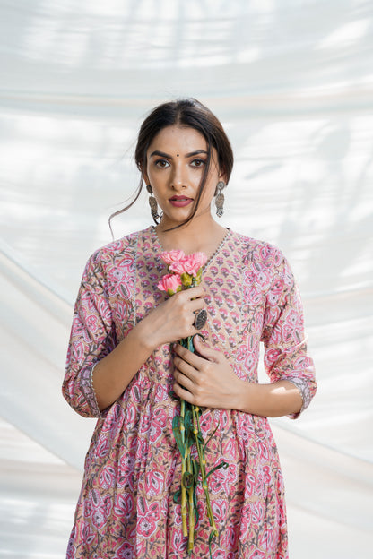 Nazakat Floral Cotton Block Print Kurta Set