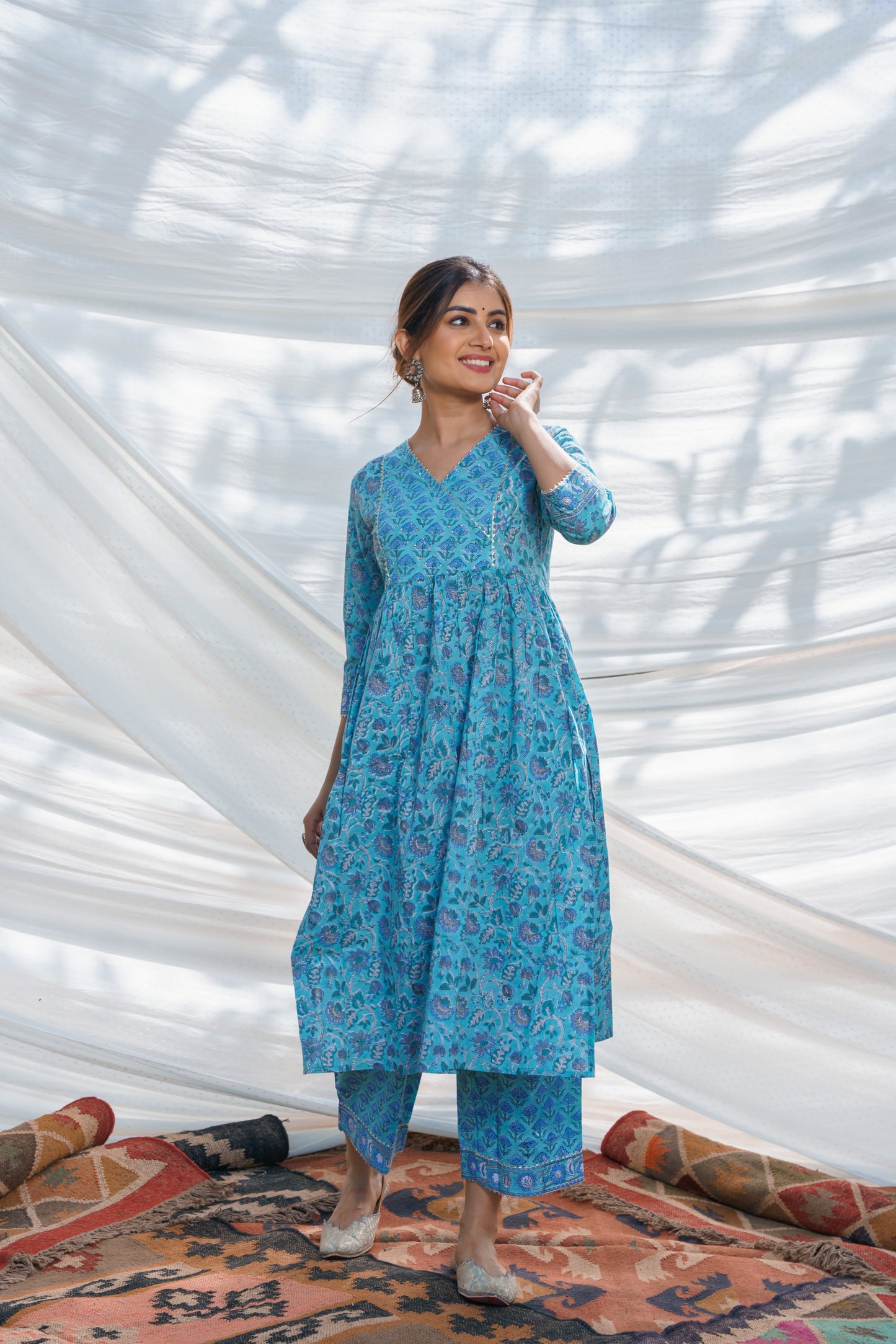 Nazakat Turquoise Cotton Block Print Kurta Set