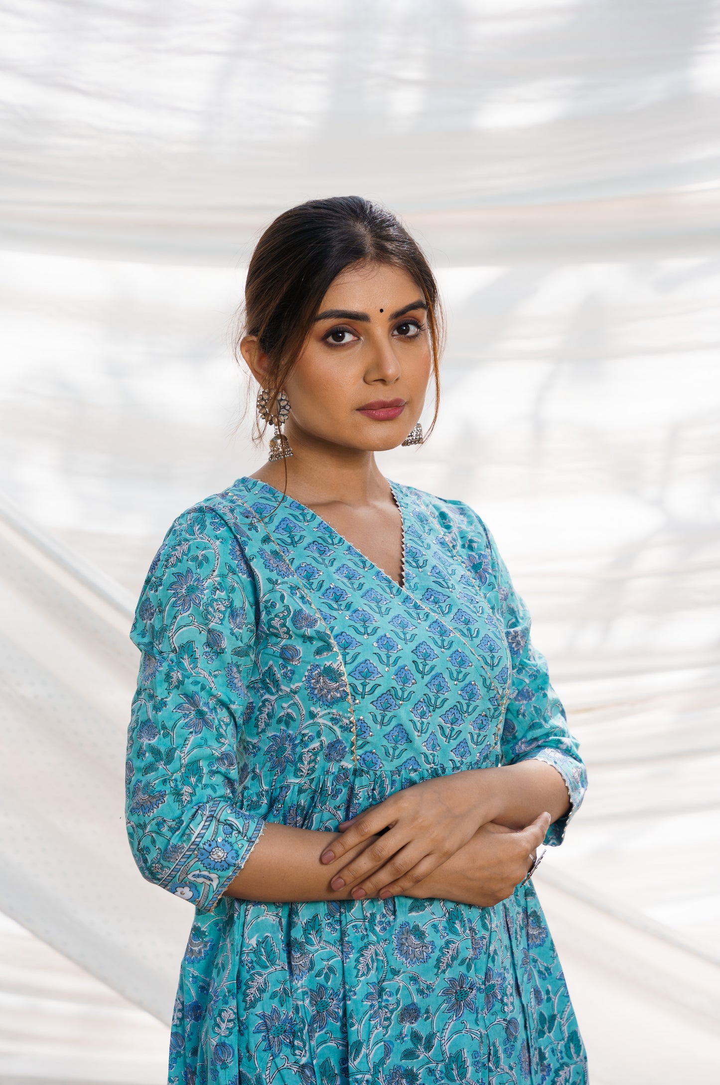 Nazakat Turquoise Cotton Block Print Kurta Set
