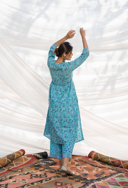 Nazakat Turquoise Cotton Block Print Kurta Set