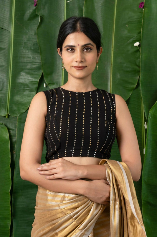 Raina Black Georgette Sequins Sleeveless Back Open Blouse