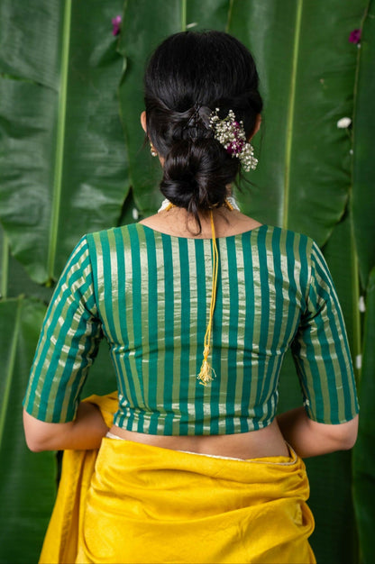 Ishya Green Chanderi Striped Elbow Sleeve Blouse with V neck