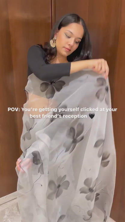 Grey Base Organza Hand Painted Saree
