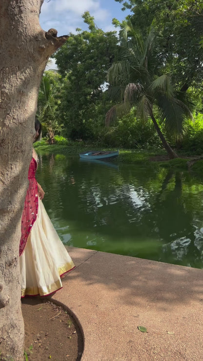 Maroon White Chiffon Cotton Mirror Work Lehenga