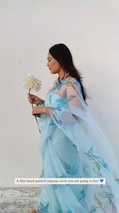 Full Daisies Organza Saree In Blue