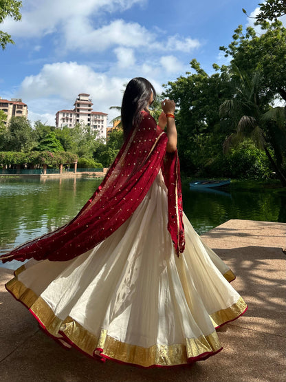 Maroon White Chiffon Cotton Mirror Work Lehenga